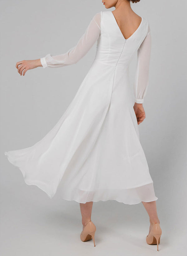 Chic A-line Scoop Neck Long Sleeves Chiffon Ankle-Length Wedding Dress Ruffle Chic A-line Scoop Neck Long Sleeves Chiffon Ankle-Length Wedding Dress Ruffle