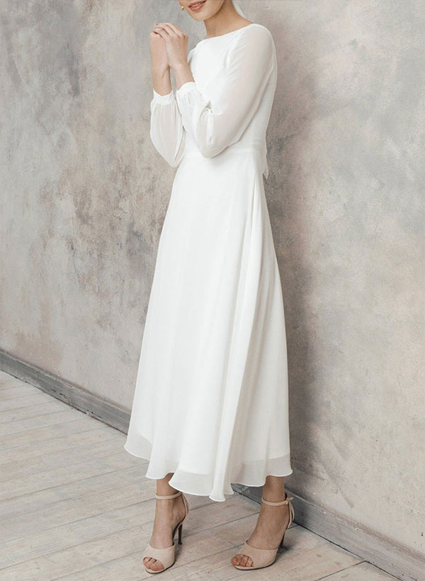 Chic A-Line Scoop Neck Long Sleeves Chiffon Ankle-Length Wedding Dress Ruffle Chic A-Line Scoop Neck Long Sleeves Chiffon Ankle-Length Wedding Dress Ruffle