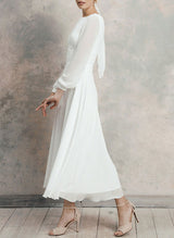 Chic A-line Scoop Neck Long Sleeves Chiffon Ankle-Length Wedding Dress Ruffle-Ballbella