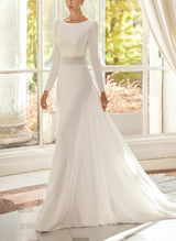 Chic A-line Scoop Neck Long Sleeves Court Train Elastic Satin Wedding Dresses Lace-Ballbella