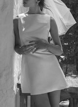 Chic A-line Scoop Neck Sleeveless Satin Wedding Dresses Back Hole-Ballbella