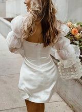 Chic A-line Square Neckline Little White Satin Tulle Wedding Dresses Long Sleeves-Ballbella