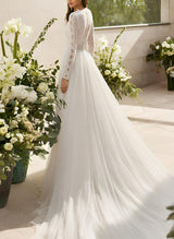 Chic A-line V-Neck Long Sleeves Court Train Chiffon Lace Wedding Dresses Split Front-Ballbella