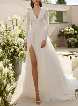 Chic A-line V-Neck Long Sleeves Court Train Chiffon Lace Wedding Dresses Split Front-Ballbella