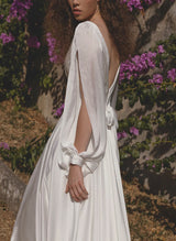 Chic A-line V-Neck Long Sleeves Floor-Length Wedding Dress in Silk Like Satin-Ballbella