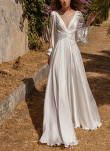 Chic A-line V-Neck Long Sleeves Floor-Length Wedding Dress in Silk Like Satin-Ballbella