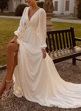 Chic A-line V-Neck Long Sleeves Sweep Train Chiffon Wedding Dresses Sash-Ballbella