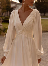 Chic A-line V-Neck Long Sleeves Sweep Train Chiffon Wedding Dresses Sash-Ballbella