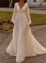 Chic A-line V-Neck Long Sleeves Sweep Train Chiffon Wedding Dresses Sash-Ballbella