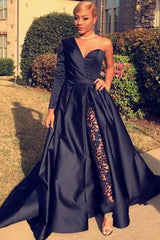 Chic Asymmetric One Shoulder Satin Floor Length Party Dress With Lace Trousers-Ballbella