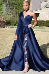 Chic Asymmetric One Shoulder Satin Floor Length Party Dress With Lace Trousers-Ballbella