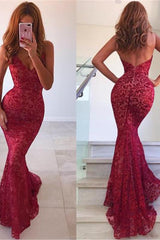 Chic Backless Mermaid Prom Dresses Long Red V-Neck Sleeveless Evening Dress-Ballbella