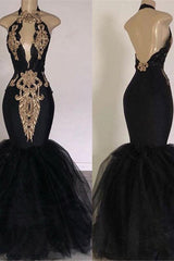 Chic Backless Prom Dresses with Gold Appliques Mermaid Halter Evening Gowns with Keyhole-Ballbella