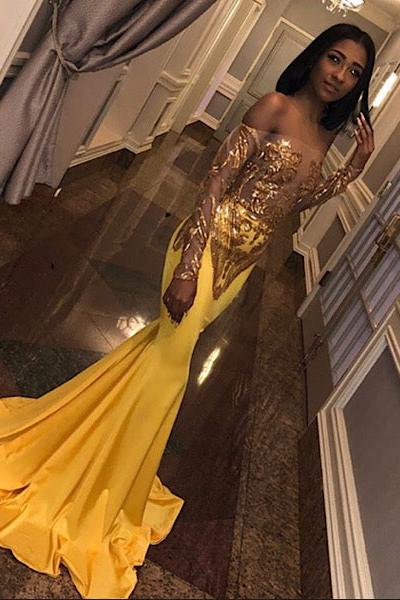 Chic Bandeau Applique Satin Off Shoulder Long Sleeves Mermaid Slim Prom Party Gown Chic Bandeau Applique Satin Off Shoulder Long Sleeves Mermaid Slim Prom Party Gown
