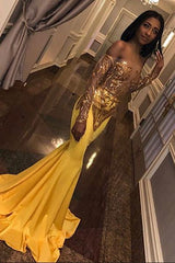 Chic Bandeau Applique Satin Off Shoulder Long Sleeves Mermaid Slim Prom Party Gown-Ballbella