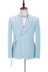 Chic Bespoke Sky Blue Peaked Lapel Men Suits with Adjustable Buckle-Ballbella