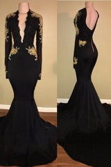 Chic Black and Gold Prom Dresses Deep V-Neck Long Sleevess Evening Gowns-Ballbella