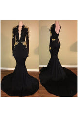 Chic Black and Gold Prom Dresses Deep V-Neck Long Sleevess Evening Gowns-Ballbella