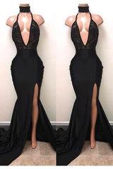 Chic Black High Neck Lace Front Split Mermaid Prom Party Gowns-Ballbella