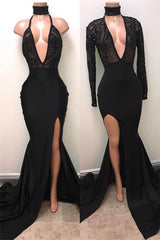 Chic Black High Neck Lace Front Split Mermaid Prom Party Gowns-Ballbella