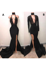 Chic Black High Neck Lace Front Split Mermaid Prom Party Gowns-Ballbella