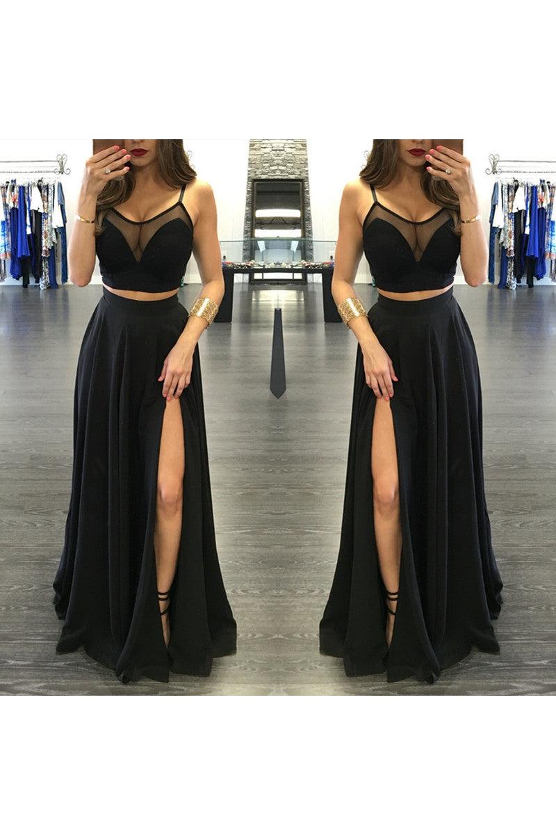 Chic Black Illusion Two Piece Prom Party GownsFront Split Spaghetti Strap Chic Black Illusion Two Piece Prom Party GownsFront Split Spaghetti Strap