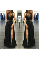 Chic Black Illusion Two Piece Prom Party GownsFront Split Spaghetti Strap-Ballbella