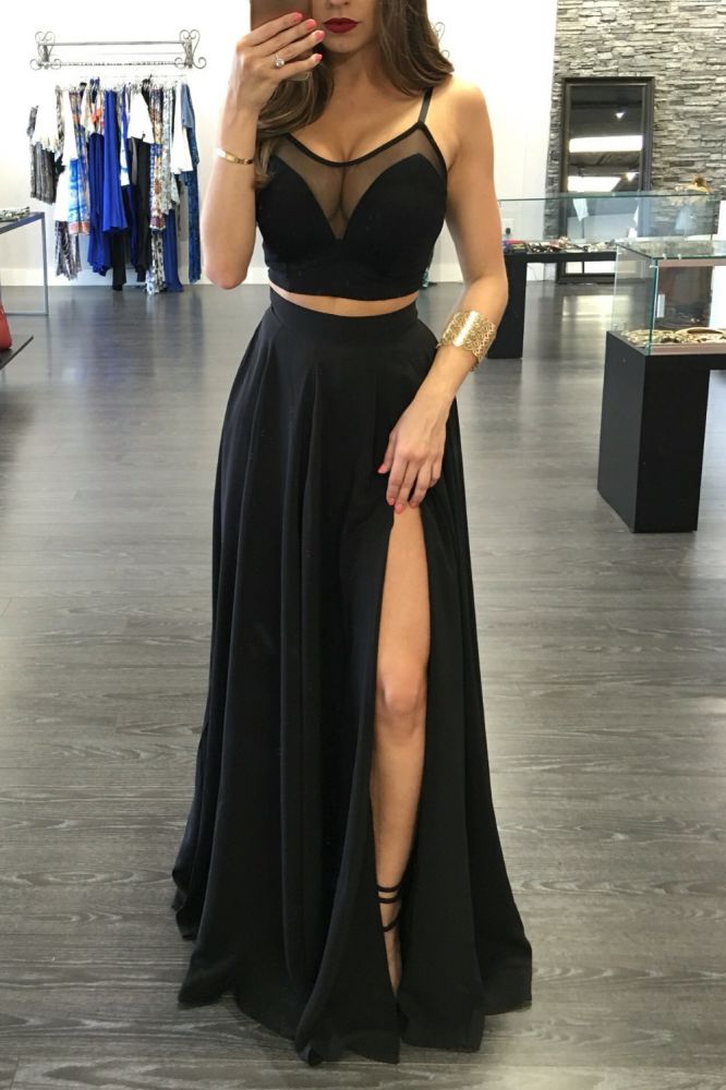 Chic Black Illusion Two Piece Prom Party GownsFront Split Spaghetti Strap Chic Black Illusion Two Piece Prom Party GownsFront Split Spaghetti Strap