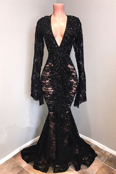 Ballbella offers new Chic Black Lace V-neck Long Sleevess Mermaid Prom Dresses Sheer Floor Length Evening Gowns at cheap prices. It is a gorgeous Mermaid Prom Dresses, Evening Dresses in Lace,  which meets all your requirement.
