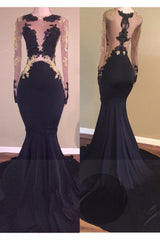 Chic Black Long-Sleeve Lace Mermaid Zipper Prom Party Gowns-Ballbella