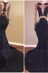 Chic Black Long-Sleeve Lace Mermaid Zipper Prom Party Gowns-Ballbella