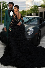 Chic Black Long Sleeves Tiered Open Back Side Slit Prom Dress-Ballbella