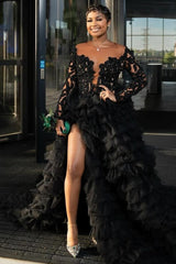 Chic Black Long Sleeves Tiered Open Back Side Slit Prom Dress-Ballbella