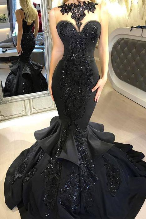 black mermaid ruffle dress Chic Black Mermaid Prom Party GownsLong Sequins Ruffles Party Gowns