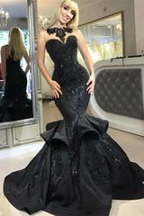 Chic Black Mermaid Prom Party GownsLong Sequins Ruffles Party Gowns-Ballbella