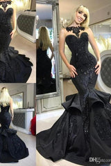 Chic Black Mermaid Prom Party GownsLong Sequins Ruffles Party Gowns-Ballbella