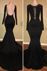 Chic Black Mermaid Prom Party GownsLong Sleeves With Lace Appliques-Ballbella