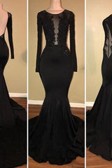 Chic Black Mermaid Prom Party GownsLong Sleeves With Lace Appliques-Ballbella