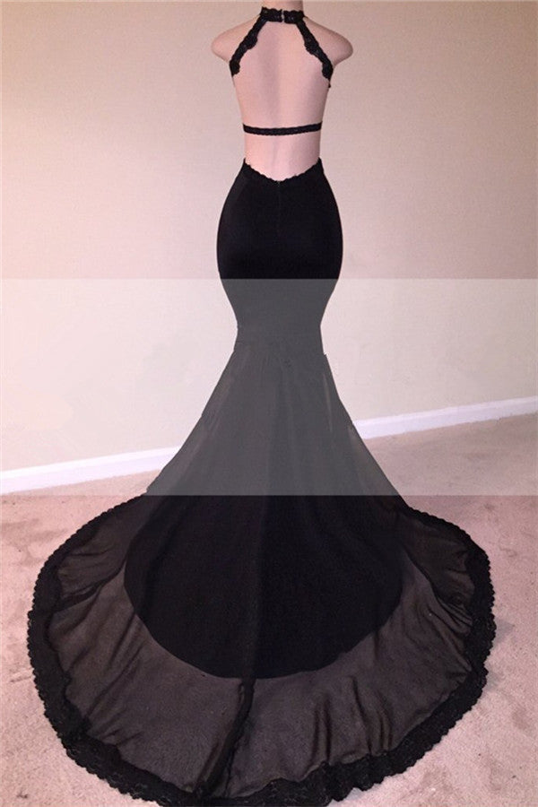 Chic Black Open Back Lace Prom Dresses Sleeveless See Through Tulle Evening Gown Chic Black Open Back Lace Prom Dresses Sleeveless See Through Tulle Evening Gown