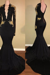 Chic Black prom dress Mermaid Long Sleeves Evening Dress-Ballbella