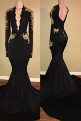 Chic Black prom dress Mermaid Long Sleeves Evening Dress-Ballbella