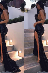 Chic Black Sequins Backless Party Gown Long Split Prom Party Gowns-Ballbella