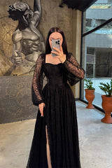 Chic Black Square Long Sleeve Prom Dress A-Line High Split On Sale-Ballbella