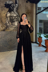 Chic Black Square Long Sleeve Prom Dress A-Line High Split On Sale-Ballbella