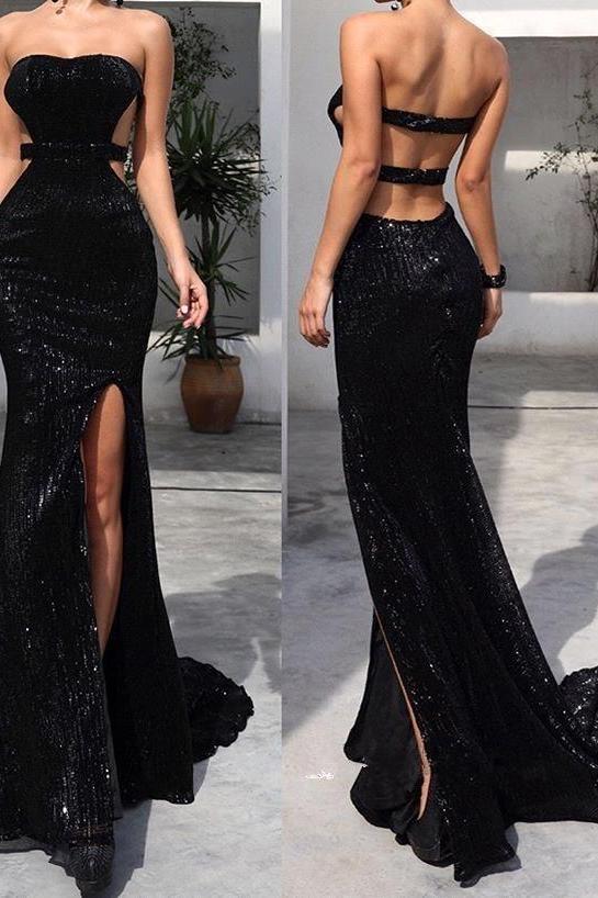 Chic Black Tube Top Sequins Floor Length Prom Dresses With Split White Open Back Party Gowns Chic Black Tube Top Sequins Floor Length Prom Dresses With Split White Open Back Party Gowns