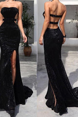 Chic Black Tube Top Sequins Floor Length Prom Dresses With Split White Open Back Party Gowns-Ballbella