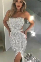 Chic Black Tube Top Sequins Floor Length Prom Dresses With Split White Open Back Party Gowns-Ballbella