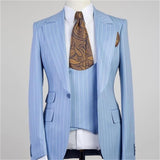 Chic Blue Stripe Peaked Lapel Three Pieces Men Suits-Ballbella