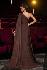 Chic Chocolate One Shoulder Sleeveless Satin Mermaid Prom Dress Sheath With Ruffle Flower-Ballbella