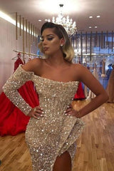 Chic Crystal Beading One-shoulder Strapless Slit Mermaid Sequins Prom Gowns-Ballbella